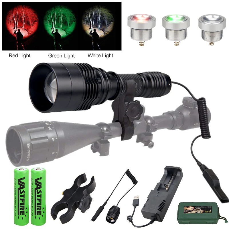 Description Picture 4 of itemTactical Red+Green+White Flashlight XPE LED Torch Powerful Night Hunting Light with Rifle Scope Mount Power by 18650 Battery