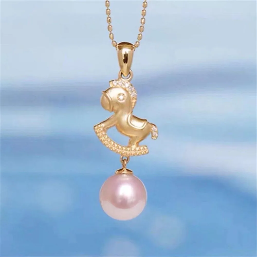 

DIY Pearl Accessories S925 Sterling Silver Pendant Empty Holder Gold Plated Wooden Horse Necklace Pendant with 7-9mm Round Beads