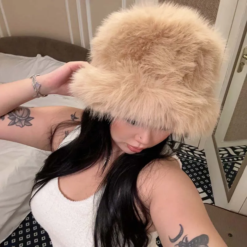 Women Bucket Hat Women Hat Bucket Hat y2k Fluffy Faux Fur Bucket Hats Women Rabbit Fur Warm Thick Plush Winter Hat Lady Fashion Luxury Panama Furry Fisherman Cap