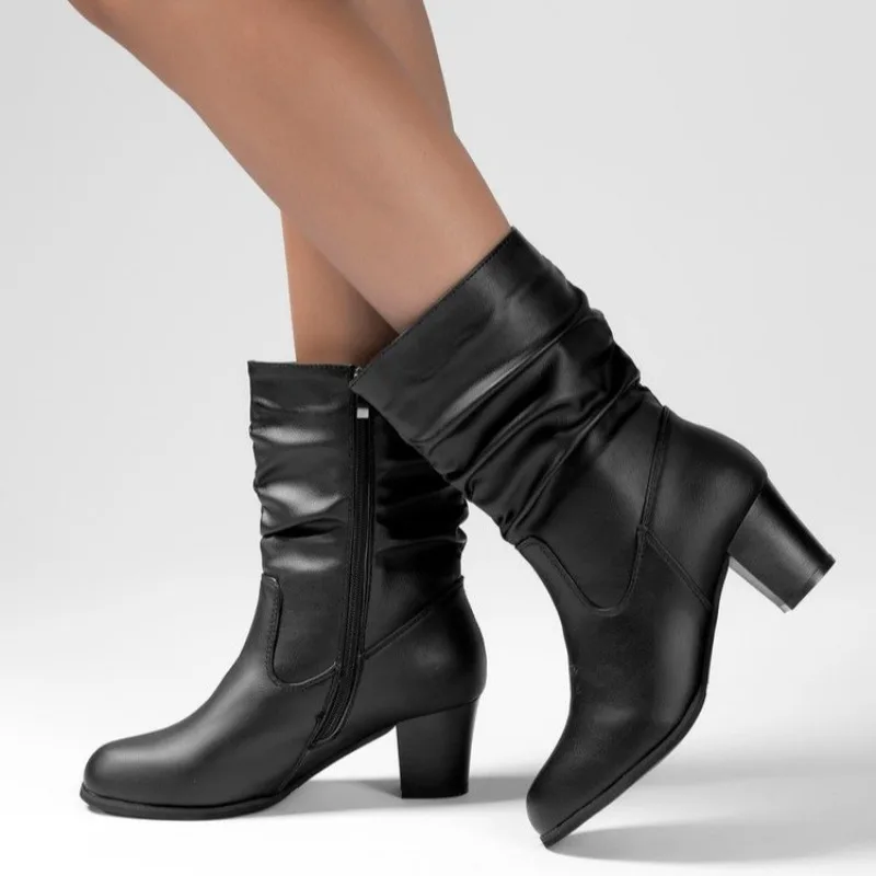 

2023 New Women Mid Calf Boots Pleated Sexy Party Casual Winter Women Fashion Slip-On Square Heel Thick Sole Western Cowboy Boots