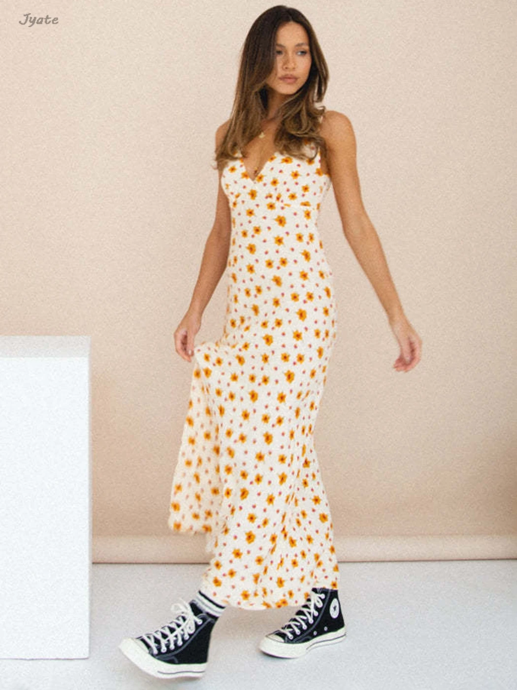 Floral Print Female Long Dress High Waist Lace-up V-neck Slim Sleeveless Fashion Sundress Casual Summer Dress Vestido Robe