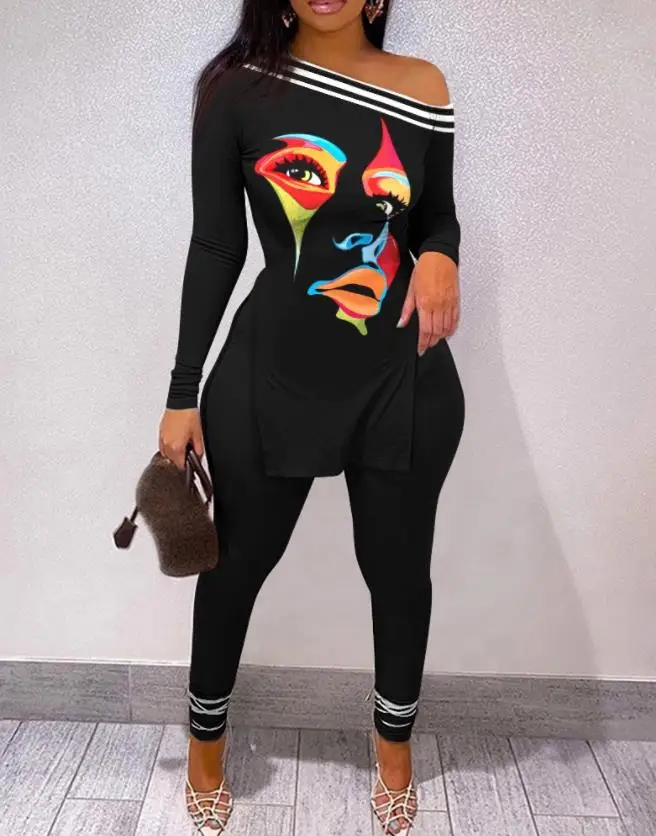 

Casual Skew Neck Long Sleeve Figure Skinny Figure Print Split Hem Long Sleeve Top & Pants Set