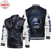 SAAB car LOGO color matching retro washed pu leather jacket men's SAAB team pilot jacket team suit 1