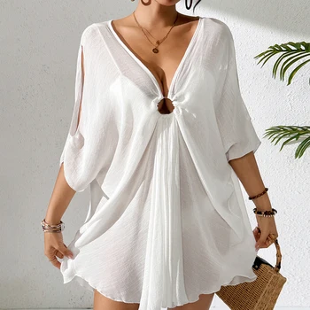 Pure Color V-Neck Lightweight Transparent Loose Dress, Beach Style Casual Comfort Sun Protection Cover Up, Fashion Beachwear 1