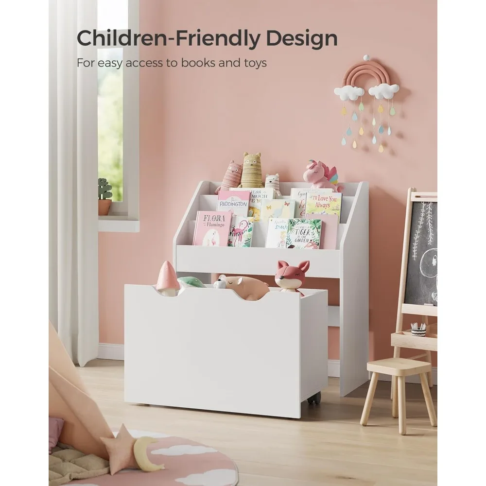 Kids Bookshelf and Toy Organizer, Toy Storage Chest and Bookcase with 3 Shelves, Storage Box with Wheels, Multipurpose 3