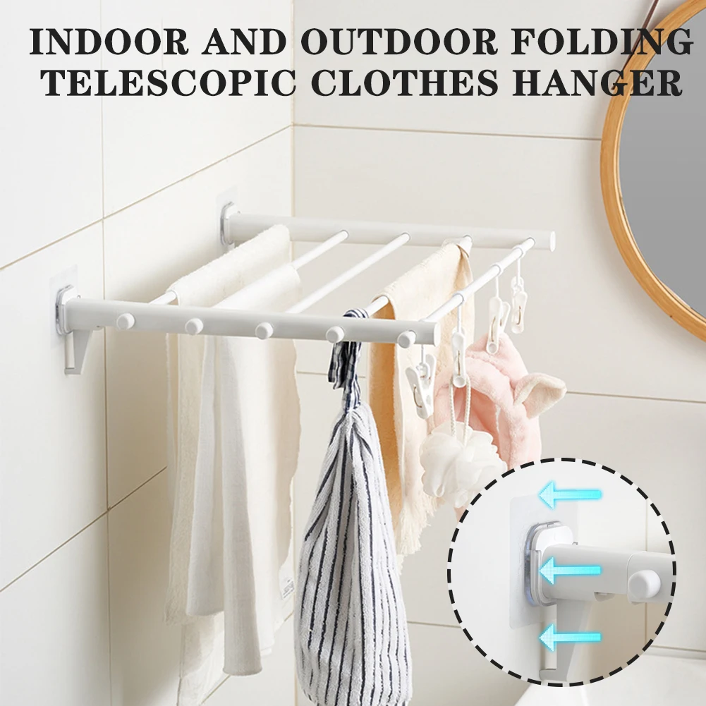 Folding Towel Rod With Sock Clip Wall Mounted Retractable Drying Racks Invisible Clothes Hanger Space Saving Non-Slip Hangers clothes drying rack