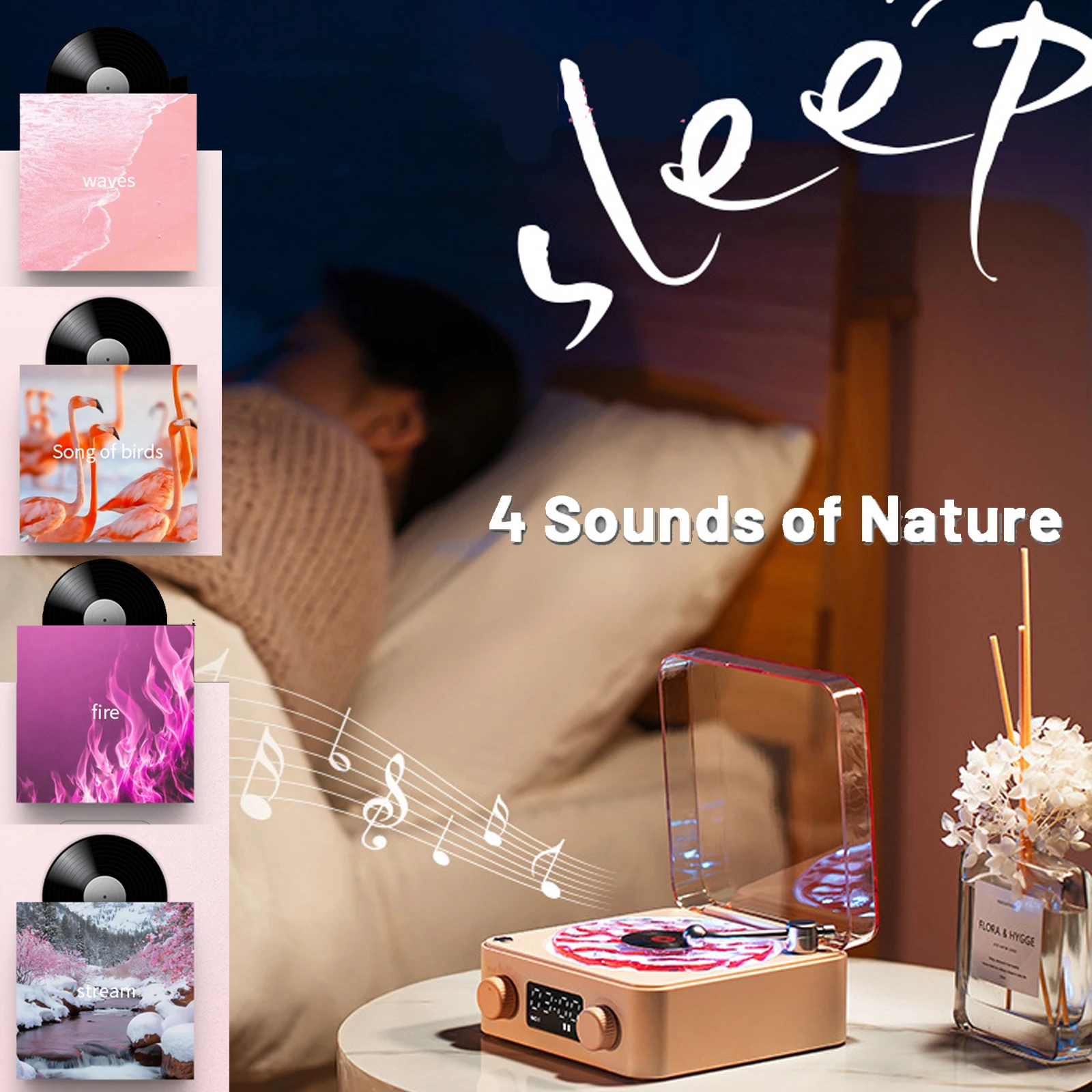 Waves Vinyl Player Bluetooth Speaker with White Noise Retro Turntable Speaker Sleep Aid Vitrola Shaped Speaker with RGB Light 3