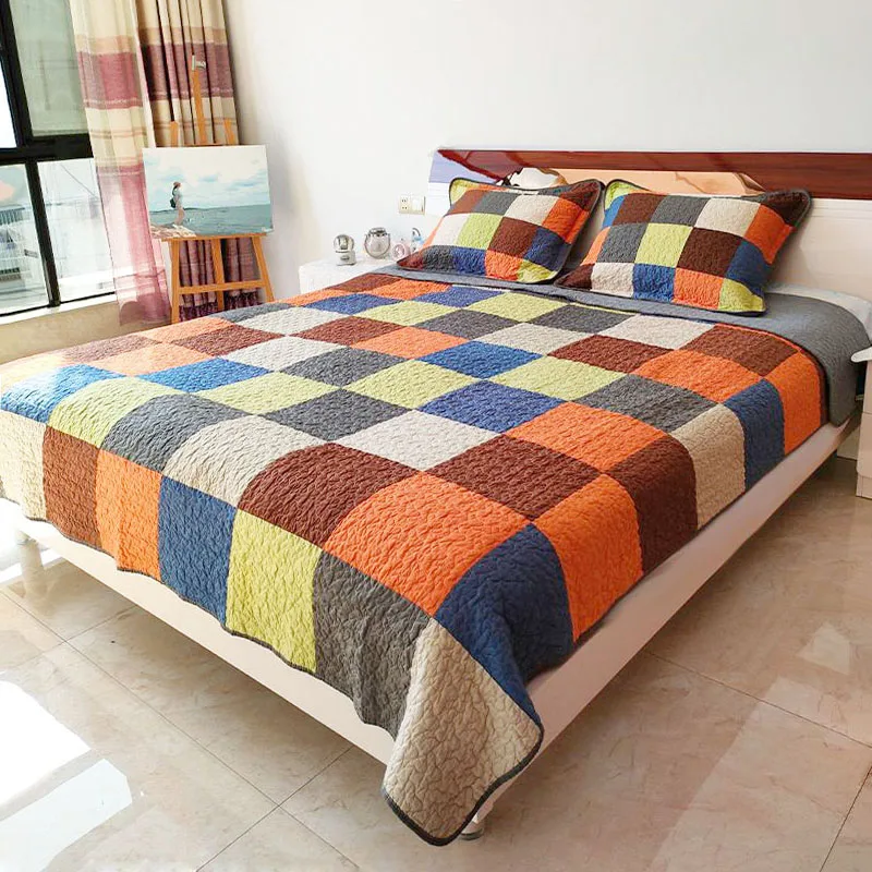 

CHAUSUB Plaid Cotton Quilt Set 3PCS Bedspread on the Bed Handmade Patchwork Double Blanket on Bed Queen Size Summer Coverlets