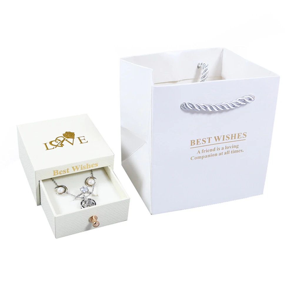 5pcs Bulk Jewelry Package Box And Paper Tote Bag Bronzing Art Best Wishes Necklace Storage Gift Drawer Box With White Sponge