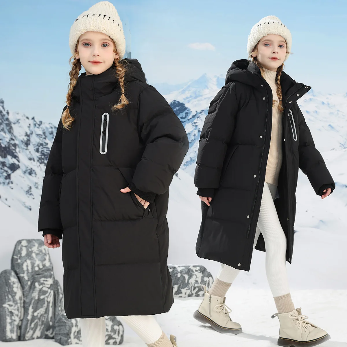 Children Clothing Winter Down Cotton Jacket For Girls Over Knee Thick Snowsuit Kids Warm Parka Black Red White TR291