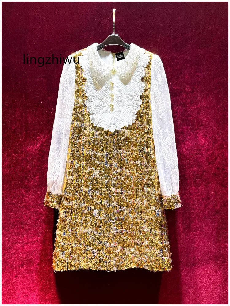 

lingzhiwu Sequins Dress Golden Shiny Dresses French Top Quality Designer Luxury Party Vestidos Formal Dresses New Arrive