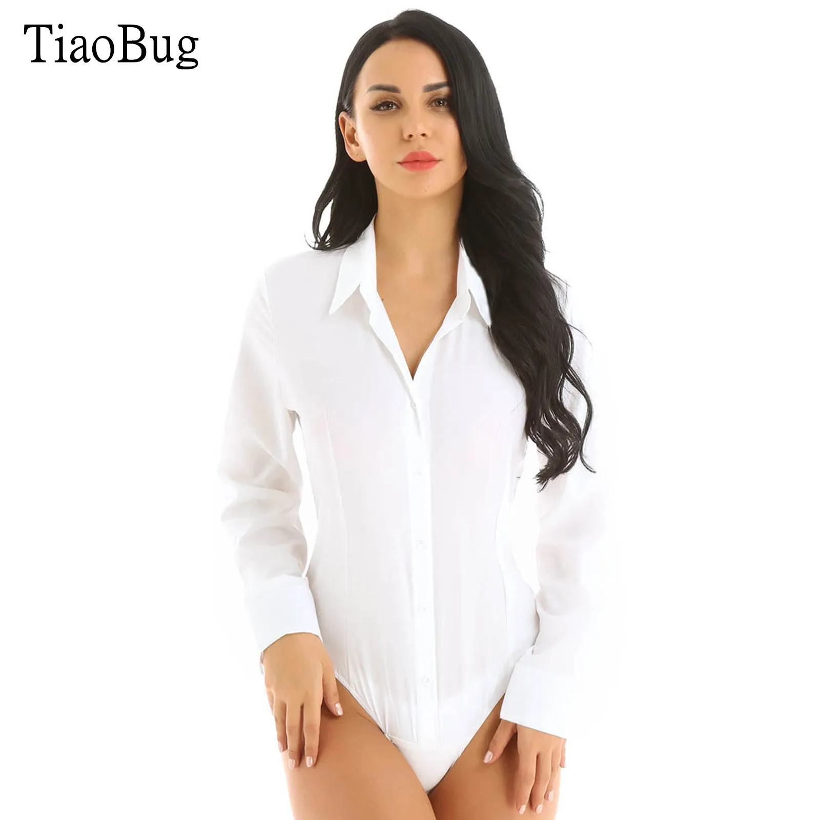 

Womens One-Piece Turn-down Collar Bodysuit Long Sleeve Button Down Easy Care Work Shirt