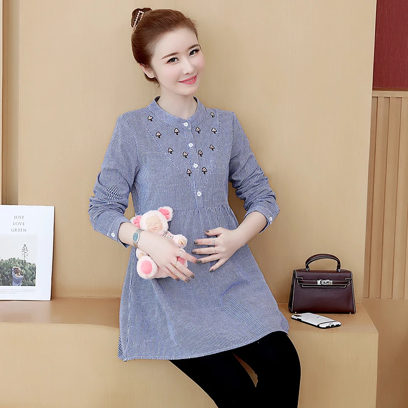 Maternity Tops Women Spring Embroidery Striped Ties Waist Long Sleeve Blouses Shirts for Pregnant Women