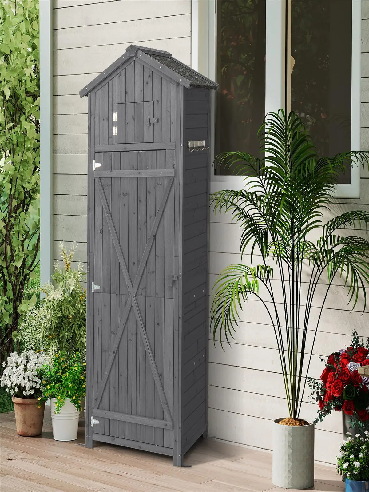 Garten-Aufbewahrungsschuppen, 180,5 cm hoher Outdoor-Aufbewahrungsschrank mit abschließbaren Türen, klappbarem Tisch, Haken, Werkzeug-Organizer – Detail 1