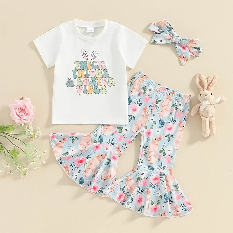 

2024-01-29 Lioraitiin 6M-3Y Toddler Baby Girls Easter Outfit Bunny Print Short Sleeve T-shirt Flare Pants Headband Clothing Set