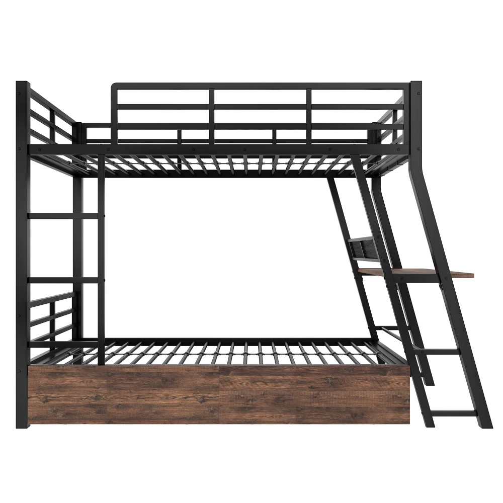 Schwarzes Eisenbettgestell - Hochbett mit Sicherheitsgeländer, LED-Lichtleiste, Schreibtisch, Aufbewahrungsschubladen, Treppe, Multifunktionales Bettgestell ohne Matratze – Detail 22
