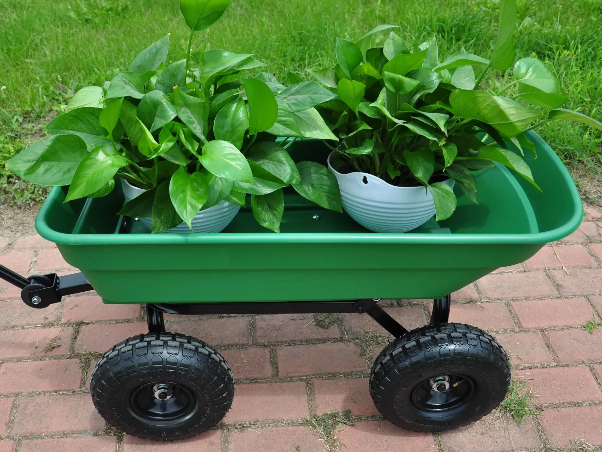 300 lb capacity body 55L Green Pneumatic tire, Folding car Poly Garden dump truck with steel frame, 10 inches.
