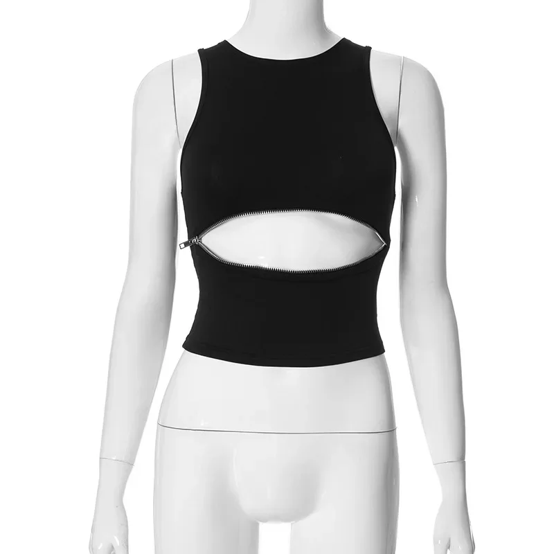 Camisetas de verano informales de color sólido Y2k, nuevas, a la moda, ajustadas, huecas, sexys, cortas, para mujer, sin mangas, con cremallera y cuello redondo, camiseta sin mangas para mujer