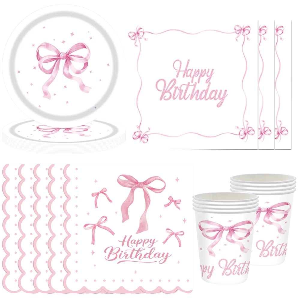 Pink Bow Theme Tableware Birthday Decorations Pink Bow Napinks Plates Bow Birthday Party Supplies Bow Girls Birthday Party Decor