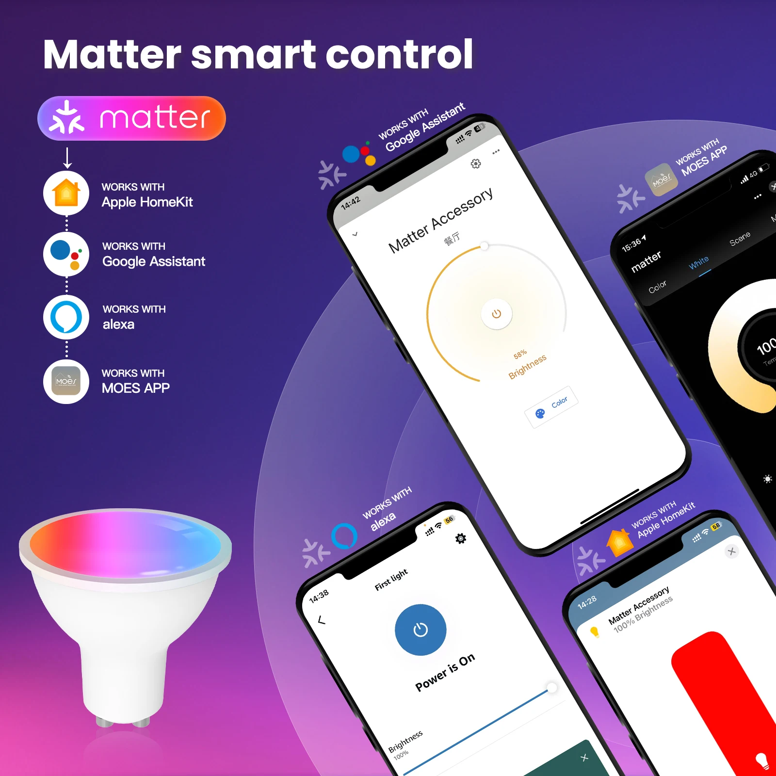 MOES Tuya Matter WiFi 스마트 전구, 밝기 조절 가능 LED 조명, 16 만 RGB C + W 색상, 촛불 램프, 음성 제어, 알렉사 구글 홈, GU10