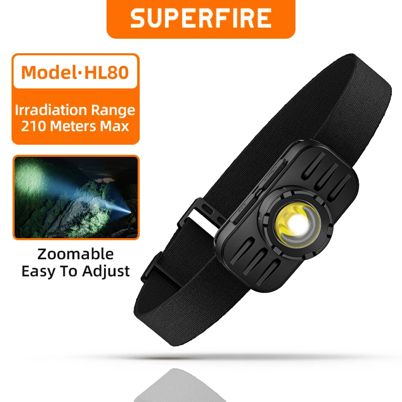 SUPERFIRE HL80 Super Bright LED Headlamp Portable Zoom Headlight USB-C Rechargeable Head flashlight Front Light for Fishing