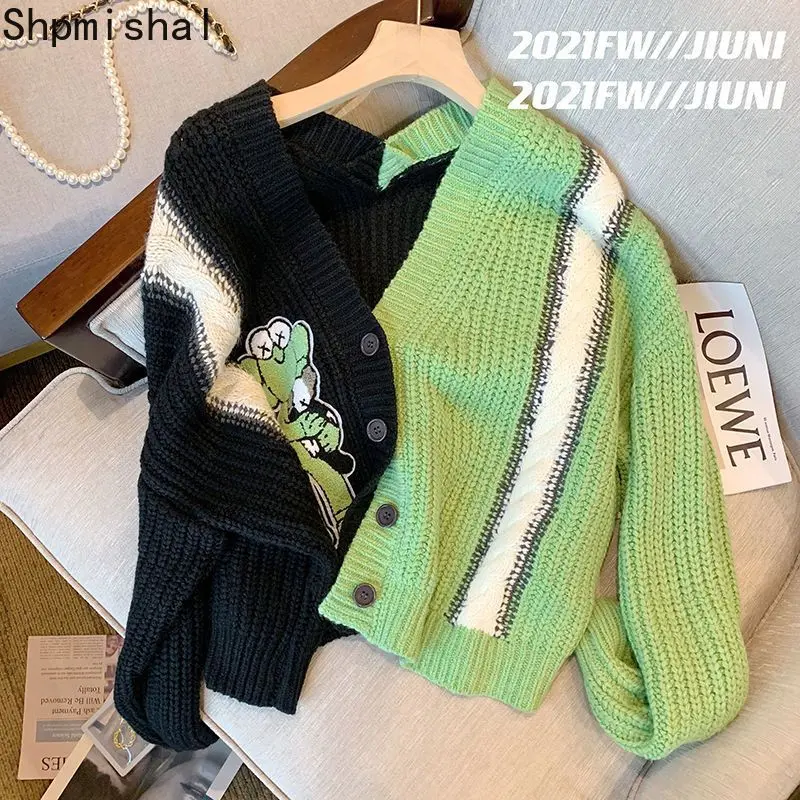 

Shpmishal 2023 Autumn New Age Reducing Loose Green Spliced Cardigan Women's Fashion Retro Cartoon Knitwear Female Clothing