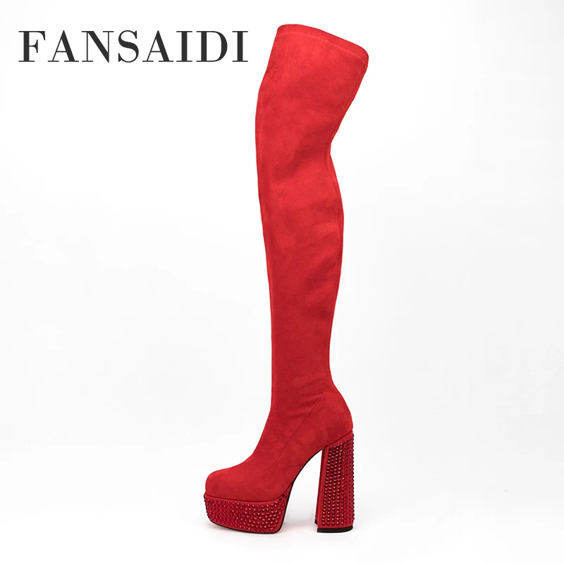 

FANSAIDI Winter Fashion Waterproof Chunky Heels Red Over The Knee Boots Zipper Square To Platform Women's Shoes New 43 44 45