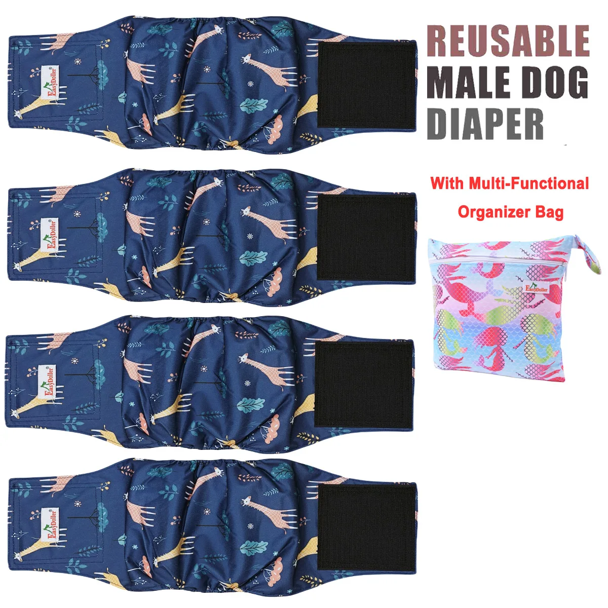 Pet Male Dog Diaper Washable Reusable Nappy Belly Band Wrap Sanitary Pee Pant Adjustable Leak Proof Diapers For Puppy 4 Pack
