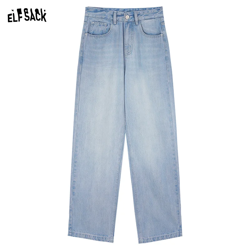 ELFSACK Light colored silk cotton straight leg jeans for women in spring 2024, new loose high waisted wide leg pants