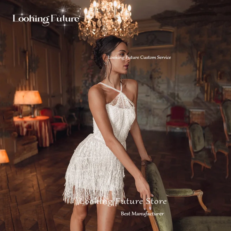 Customized Luxury Short Sheath Wedding Dress Simple Tassel Ivory Sexy Backless Sleeveless Pleat Halter Mini Bridal Gown Vestidos 12 Sf2ecf775f9ef48f1a95f5920e4fa1667q