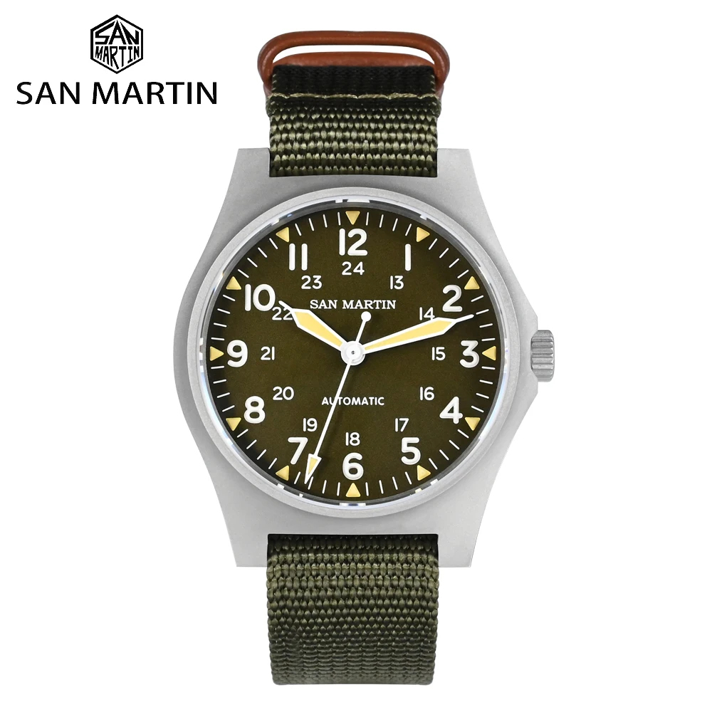 San Martin 38Mm Nh35 Retro Military Pilot Watch Bead Blasted Case Orologi Meccanici Automatici Per Uomo 10Bar Impermeabile Luminoso