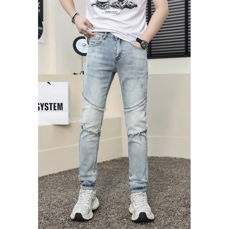 

Retro Handsome Jeans Men's Stitching Street Trend Personality Locomotive Style American Stretch Slim Fit Tapered Pants