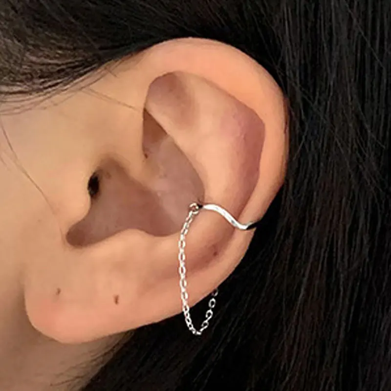 1Pcs Silver Color Fake Pierced Tassel Chain Ear Clip Without Hole Earrings For Women Geometry Irregular Ear Cuff Trend Jewelry ear clip earrings clip earrings ear clip