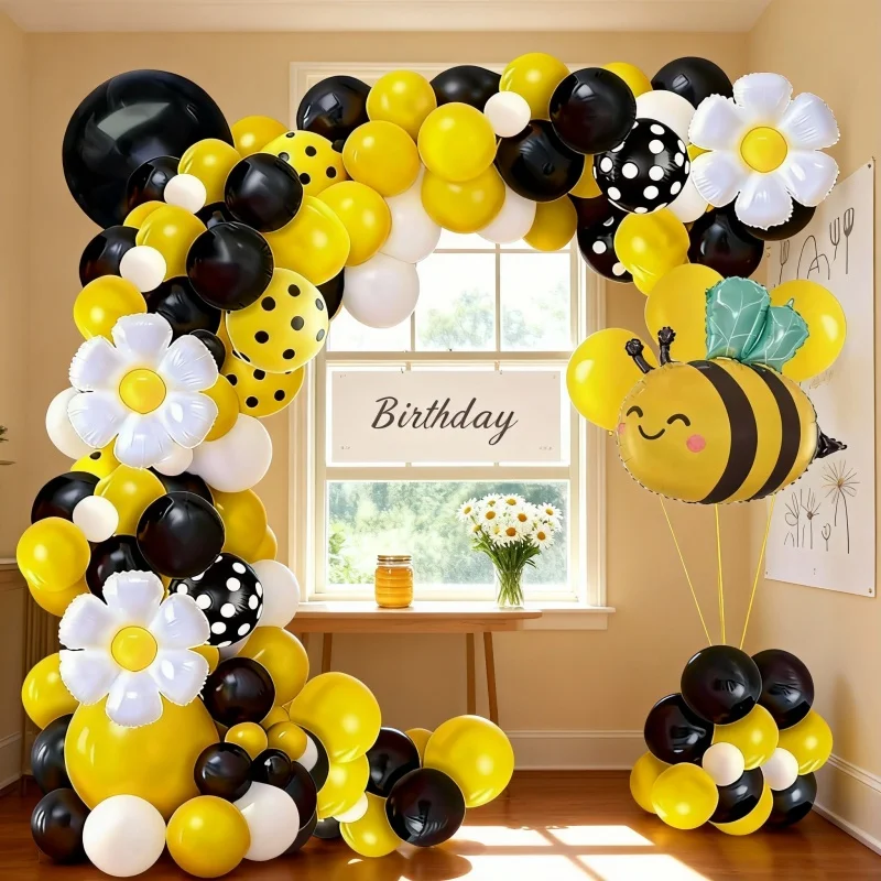 103-teiliges Geburtstags-Ballonbogen-Set mit Bienenthema – Gänseblümchen-Ballons mit schwarzen, gelben und weißen gepunkteten Ballons, Happy Birthday-Dekorationen, geeignet für den Frühling. Kindergeburtstagsparty-Zubehör – Detail 8