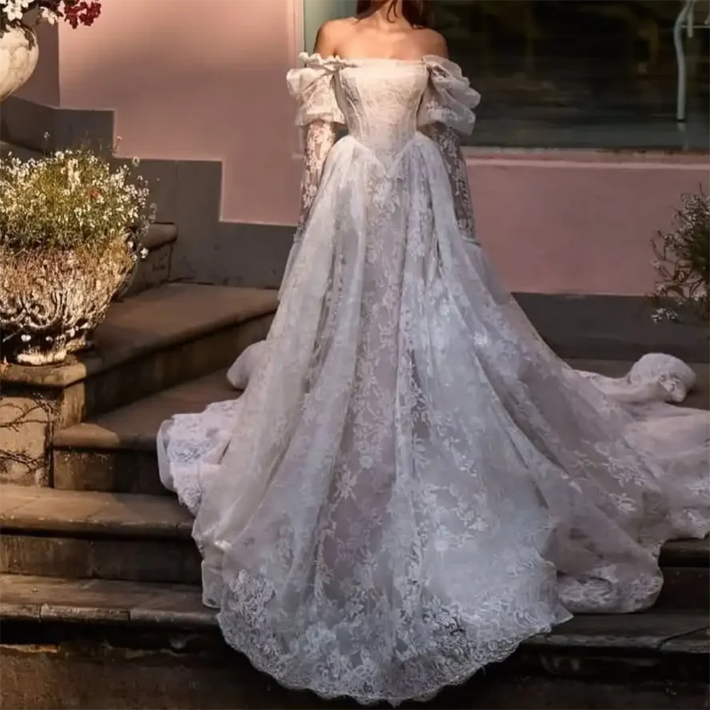 Elegant Off Shoulder Lace Appliquins Pleat A-Line Bride Wedding Dresses Bridal Gowns Customized