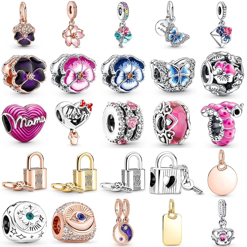 925 Sterling Silver Butterfly Cherry Blossom Dangle Padlock & Key Bead Fit Original Pandora Charms Bracelets Women DIY Jewelry 925 sterling silver 9 models zircon safety chain charms bead fit pandora 925 original bracelets bead dangle women jewelry