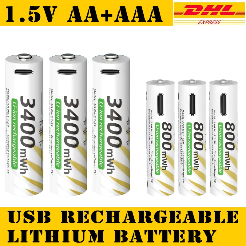 AAAandAARechargeableBatteriesUSBLithium-ion3400mWh1.5VAARechargeableBatteries+800mWh1.5VAAABattery+Type-CCable-AliExpress