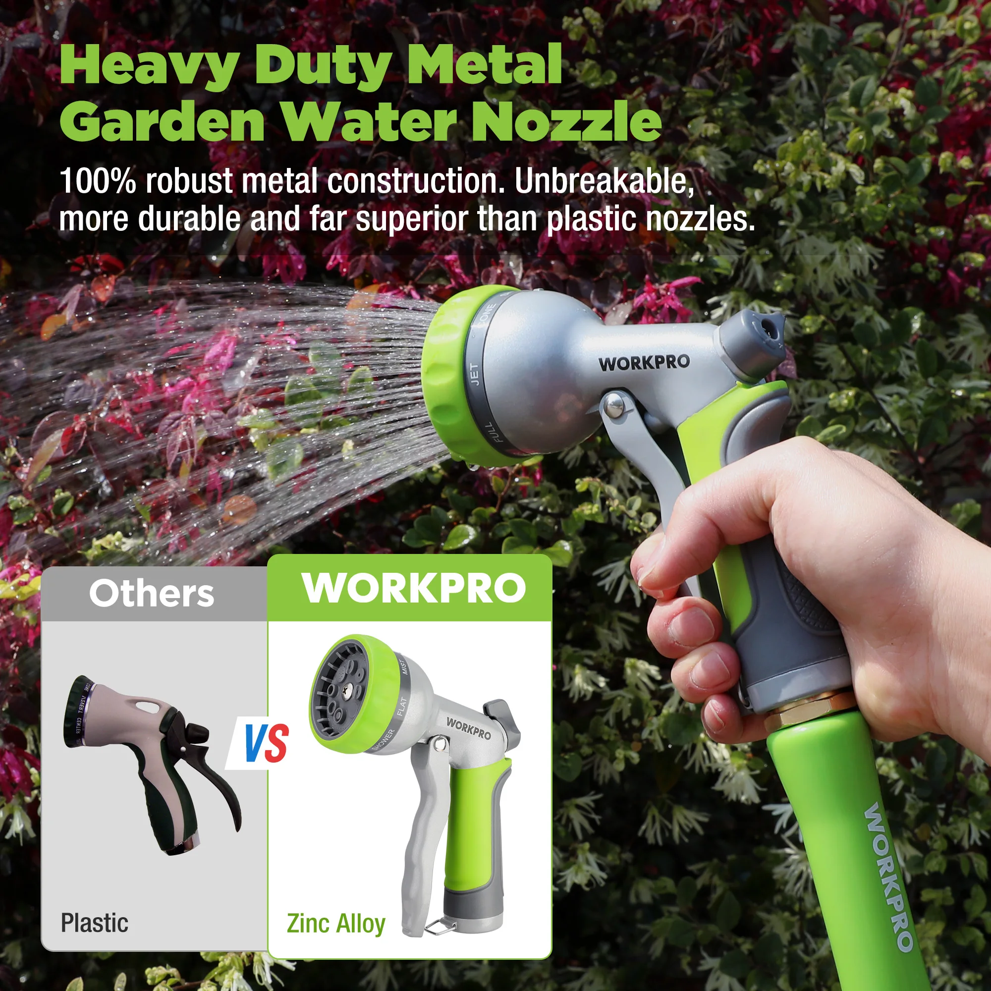 WORKPRO Garden Hose Nozzle 100% Heavy Duty Metal Water Hose Spray with 8 Adjustable Spray Patterns, Hand Sprayer