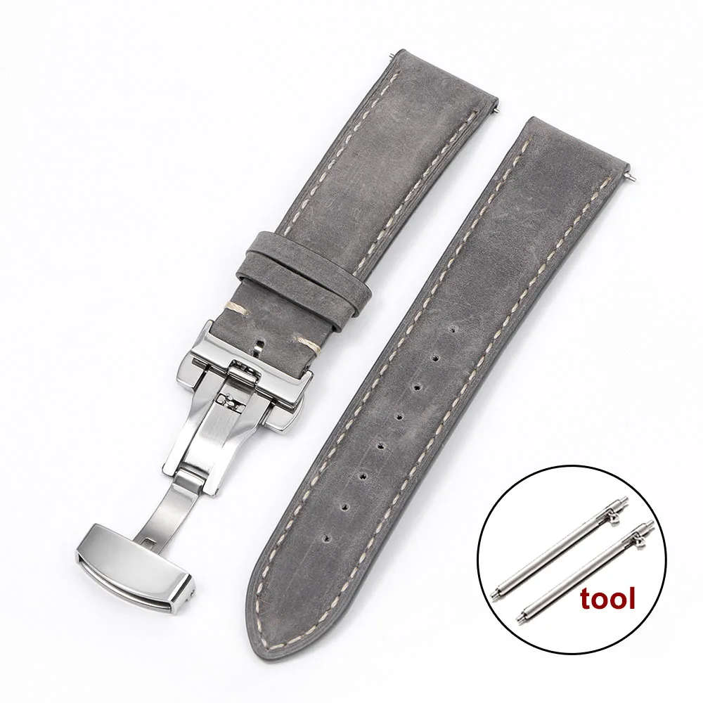 Vintage Cowhide Leather Watch Strap with Butterfly Buckle and Quick Release