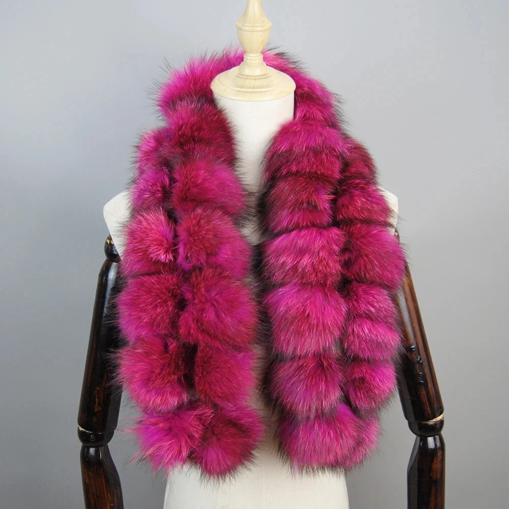 Fashion Luxury Women Real Raccoon Fur Scarves Pompom Lady Winter Warm Natural Fox Fur Scarf Fluffy Genuine Muffler