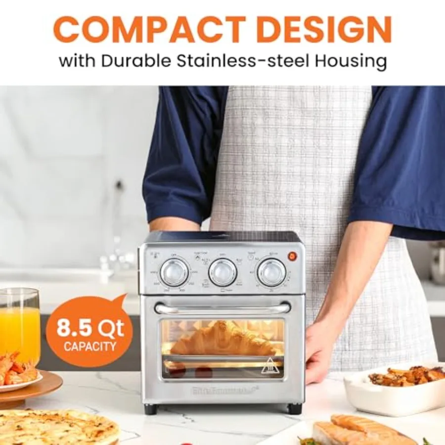 8.5Qt Air Fryer Oven with Convection Stainless Steel 800-Watts Time and Temperature Controls Air Fry Broil Toast Bake Includes 4