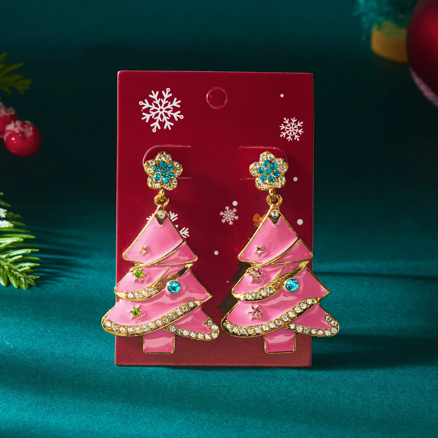 Zarte rosa Tropfen Öl Weihnachtsbaum Tropfen Ohrringe für Frauen süße bunte Kranz Glühbirne Ohrringe Neujahr Party Schmuck Geschenke