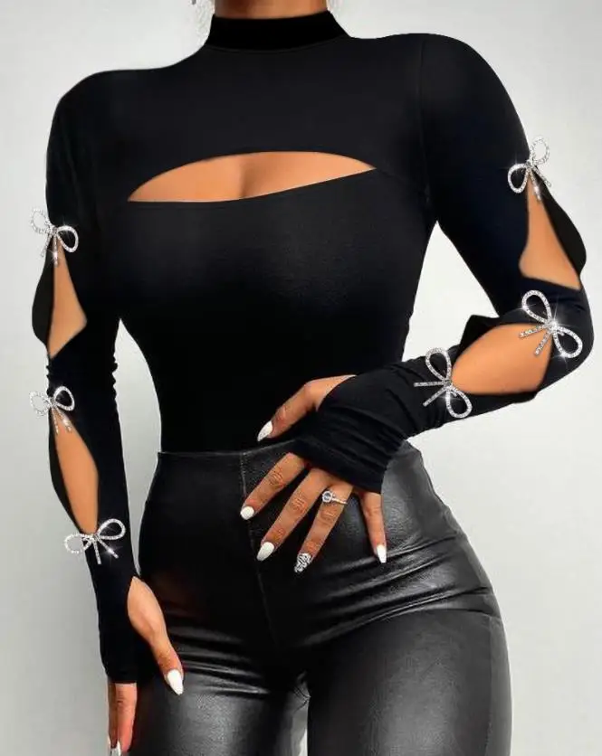 Fashion Woman Blouses 2022 Rhinestone Sexy Cold Shoulder Skinny Top Elegant Long Sleeve T-Shirt Chic All-Match Daily573_voghion.com