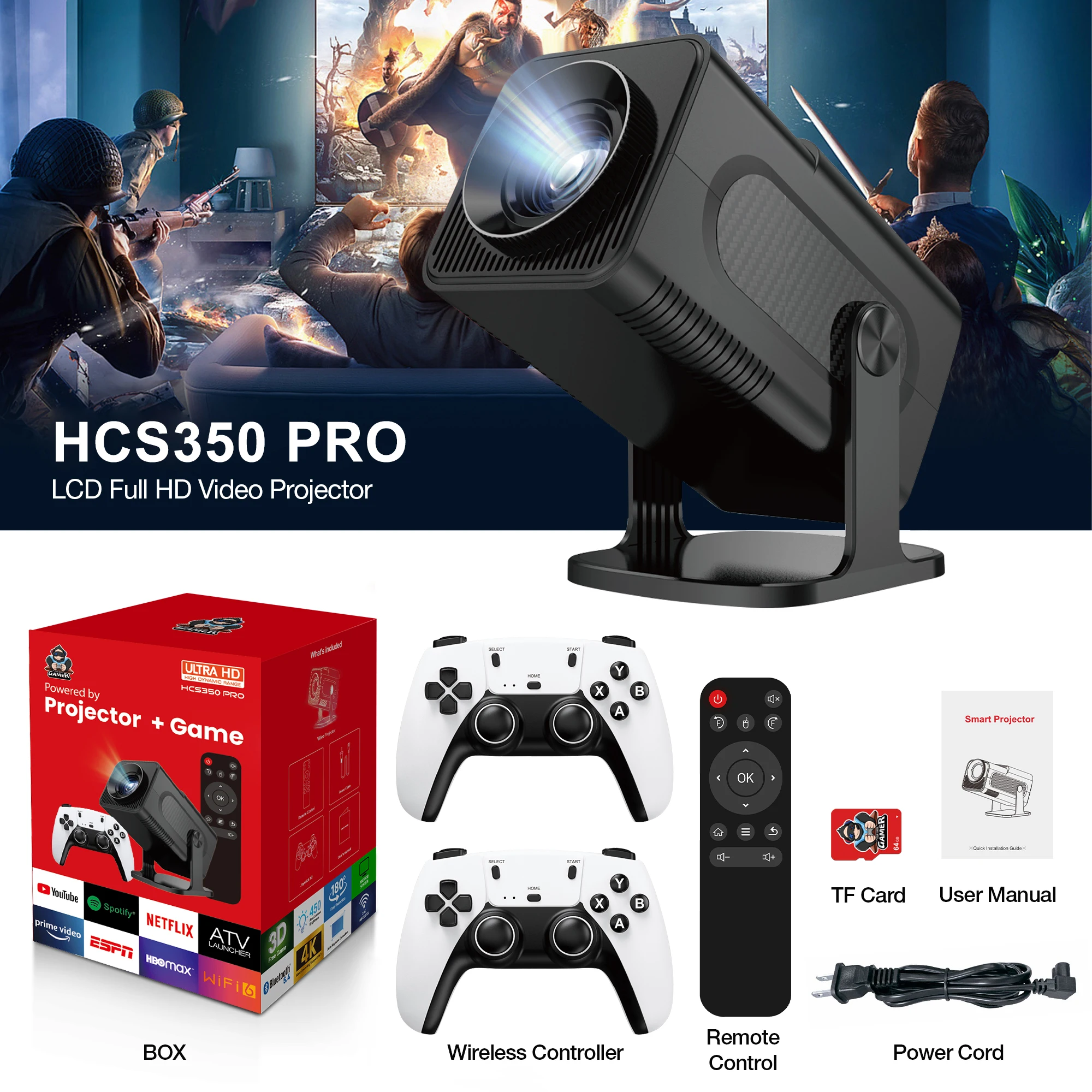HCS350PRO Game Mini Projector Salange 4K Video Support Native 720P Cinema Outdoor Android 11 OS Beam Projetor Upgraded Version
