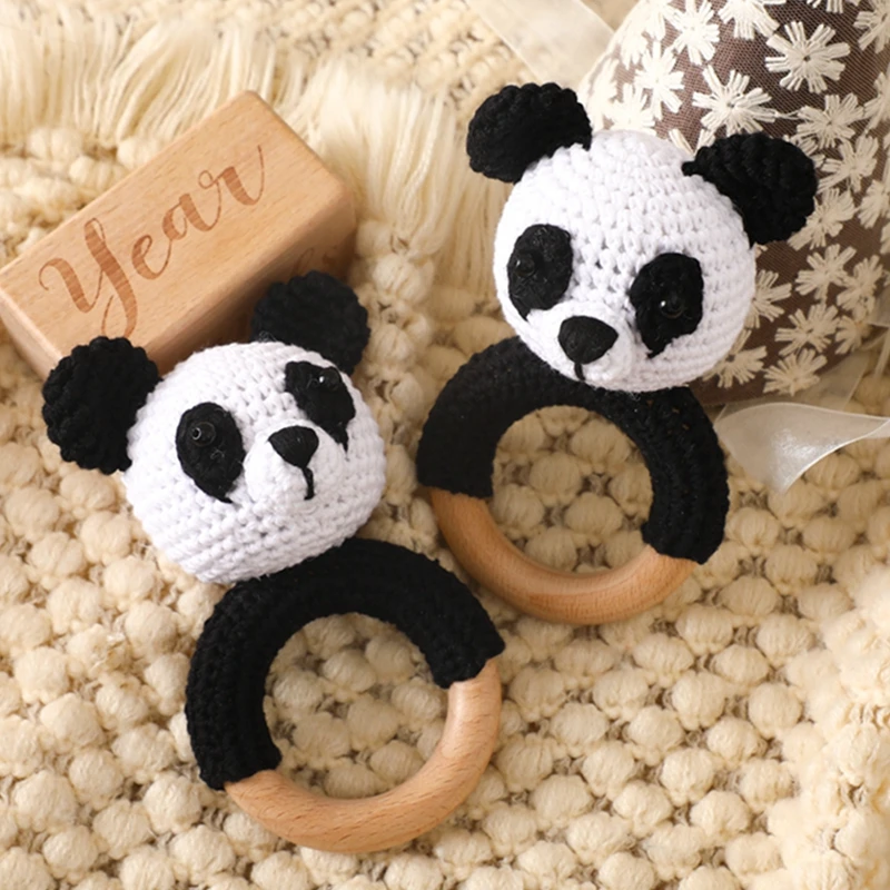 

Baby Rattles DIY Crochet Cartoon Panda Doll Hand Bell Carved Wooden Ring Teething Toys For Newborn Molar Teether Educational Toy