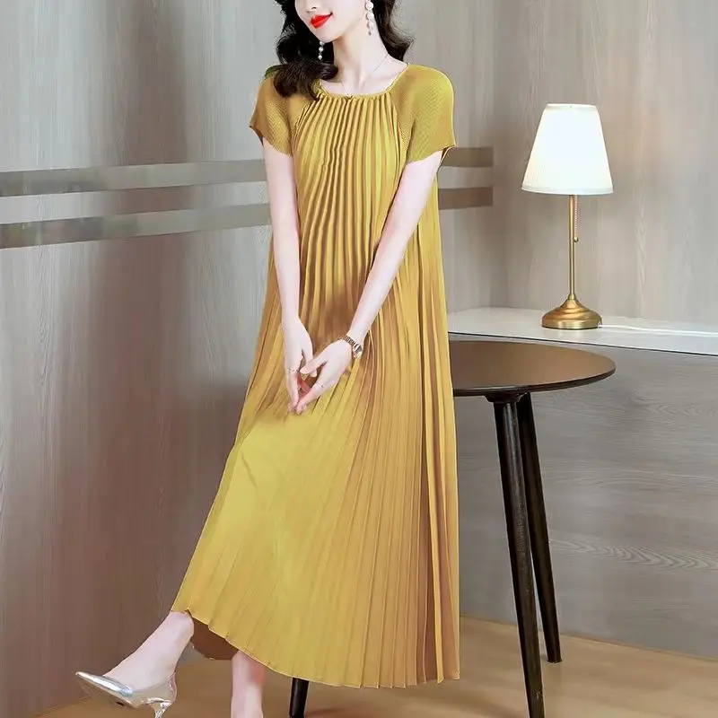 Eam-女性用のプリーツミドル丈ドレス,ラージサイズ,ラウンドネック,半袖,カーキ,新しいファッション,春,夏,2021,1dh5680 プリーツミドル丈ワンピース,ラウンドネック,ルーズ,単色