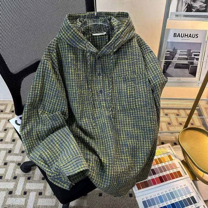 High Street Plaid Hoodie ex American  High-End Trendy Street Retro Casual Top Hooded Sun Protection irt