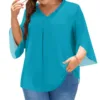 Plus size tops for women v-neck 3/4 sleeves solid color shirt top elegant petal sleeve loose plus size women's T-shirt