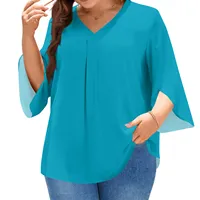 Plus size tops for women v-neck 3/4 sleeves solid color shirt top elegant petal sleeve loose plus size women's T-shirt