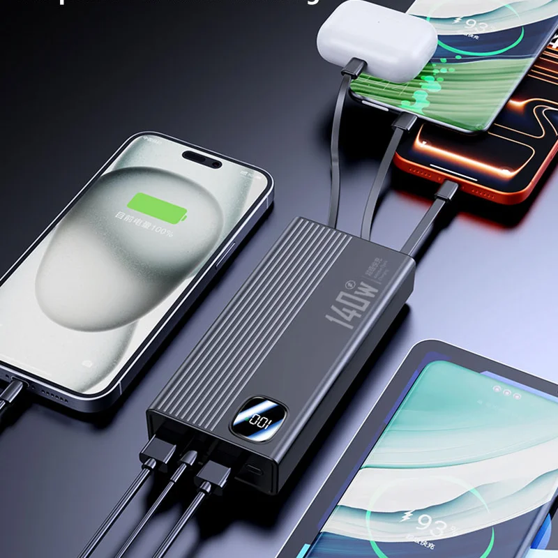 140W 200000mAh 파워뱅크 대용량 4 in 1 케이블 지능형 디지털 디스플레이 라이트 휴대용 파워뱅크 아이폰 화웨이용 신제품